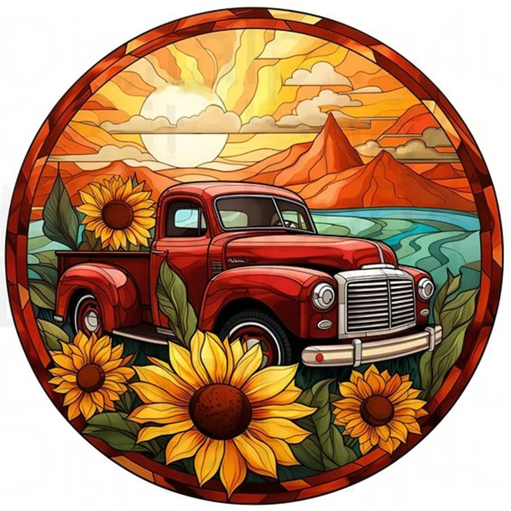 Diamond Painting - Full Round - Round brand sunflower classic car (30*30CM)
