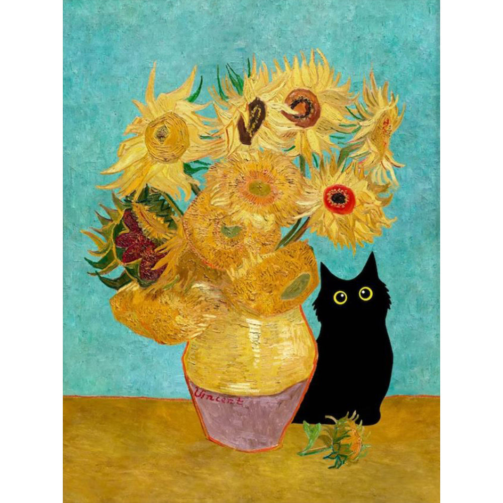 Diamond Painting - Full Round - Van Gogh Sunflowers and Little Black Cat (30*40CM)