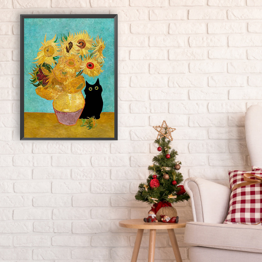Diamond Painting - Full Round - Van Gogh Sunflowers and Little Black Cat (30*40CM)