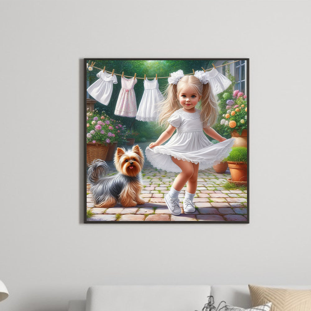 Diamond Painting - Full Round - Girl with animal puppy (30*30CM)