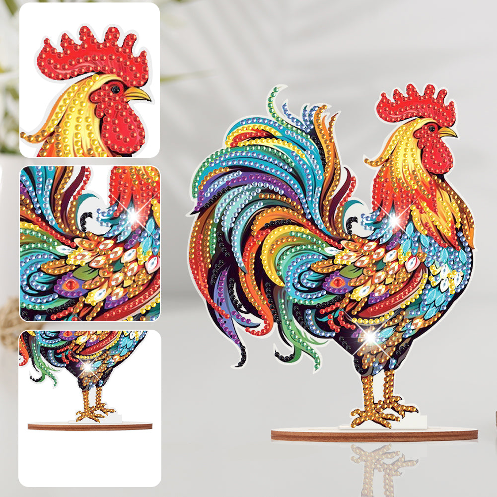 Wooden Rooster Animal Diamond Painting Desktop Ornaments Kit for Adults Beginner