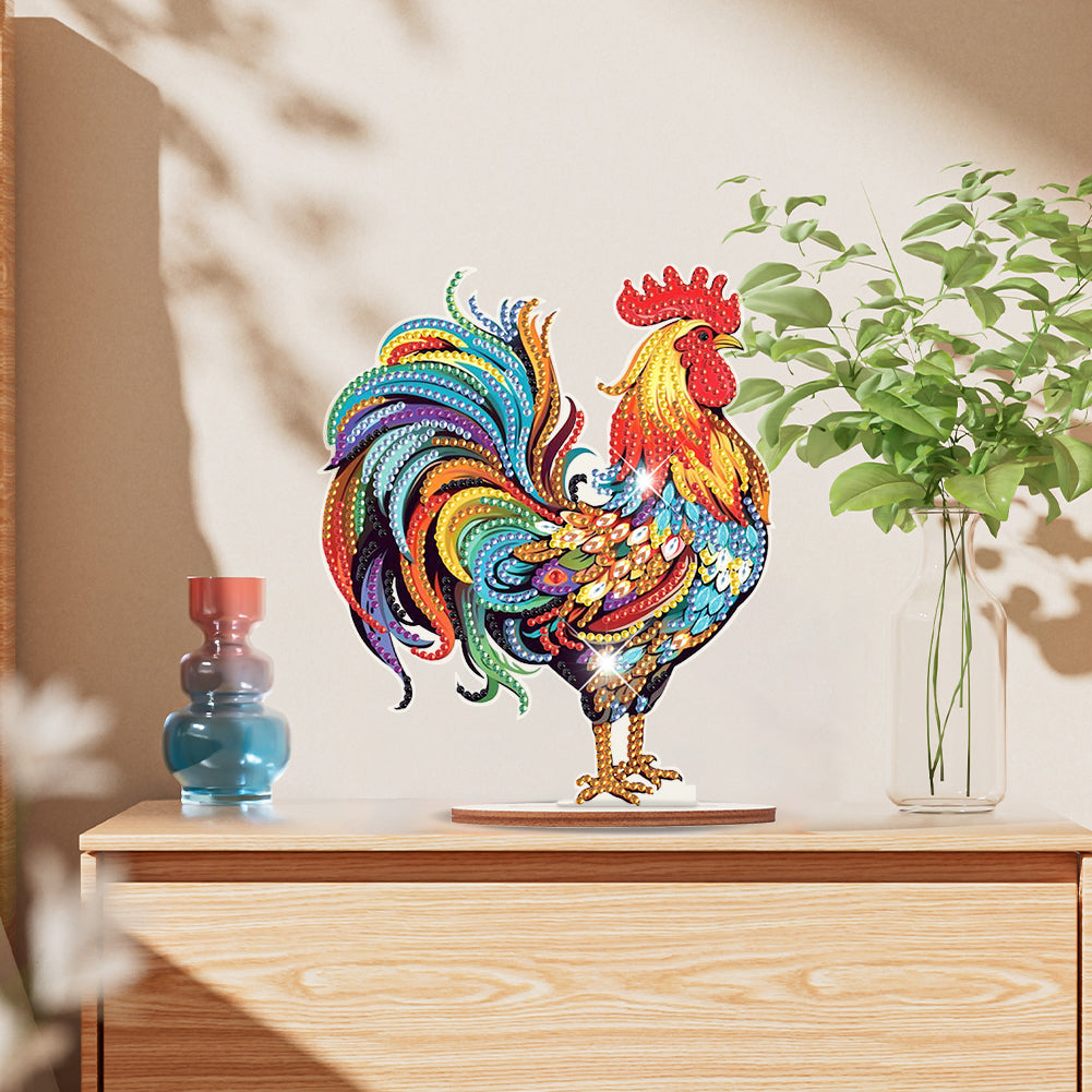 Wooden Rooster Animal Diamond Painting Desktop Ornaments Kit for Adults Beginner