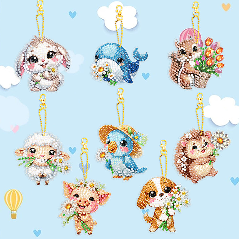 8Pcs Double Sided Cute Animal Diamond Art Keyring for Home Birthday Party Decor