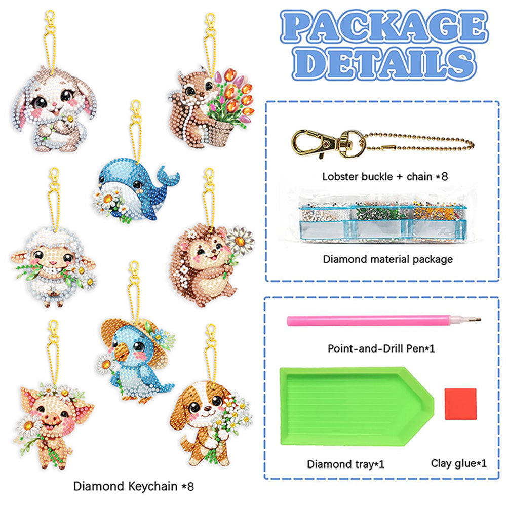 8Pcs Double Sided Cute Animal Diamond Art Keyring for Home Birthday Party Decor