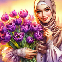 Load image into Gallery viewer, Diamond Painting - Full Round - Woman in headscarf holding flowers (30*30CM)