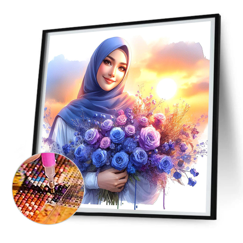 Diamond Painting - Full Round - Woman in headscarf holding flowers (30*30CM)