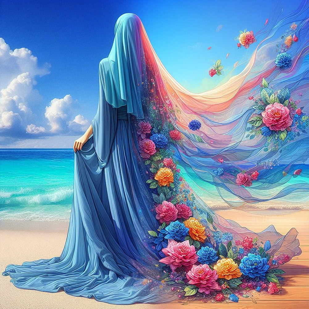 Diamond Painting - Full Round - Woman in headscarf with flowers on the beach (30*30CM)