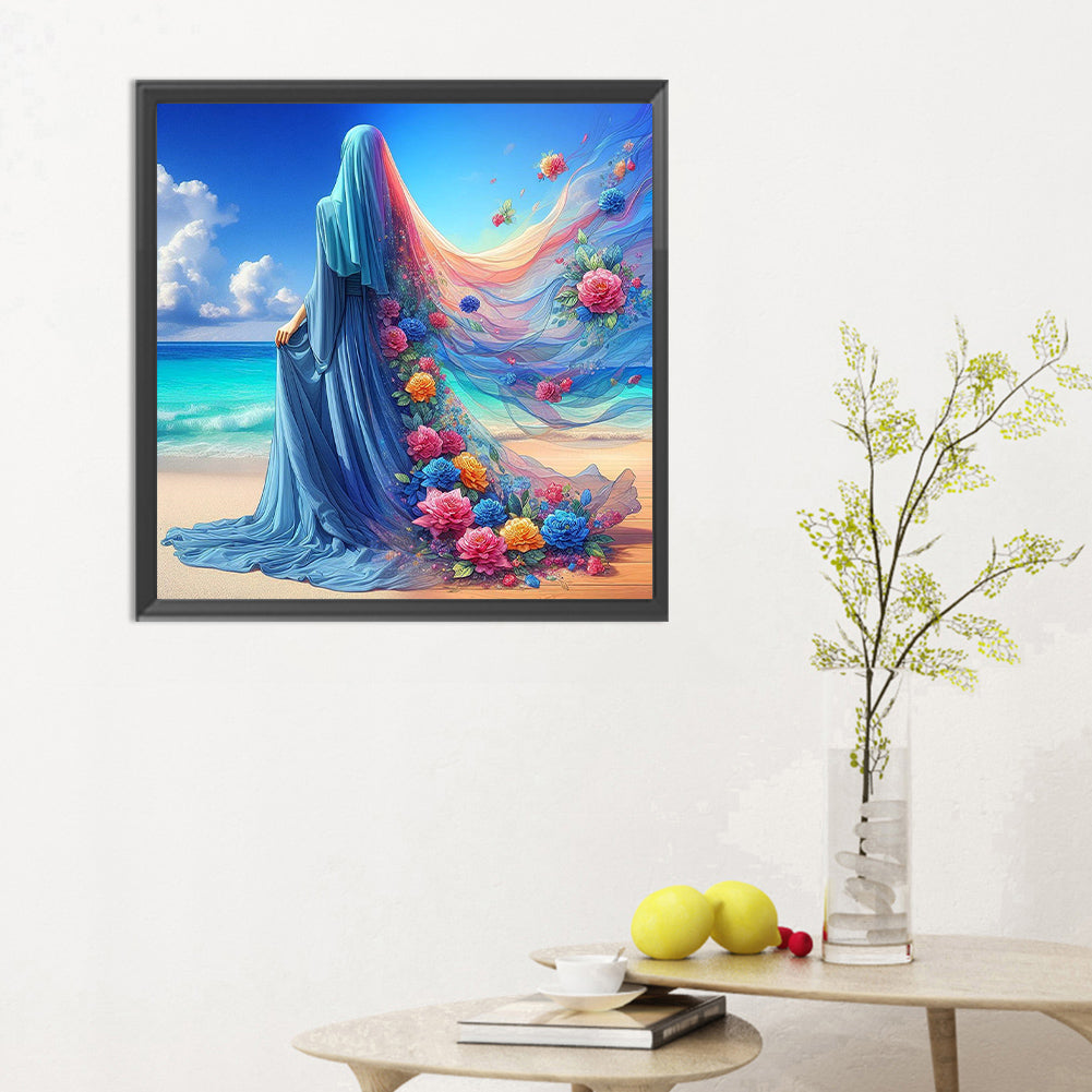 Diamond Painting - Full Round - Woman in headscarf with flowers on the beach (30*30CM)