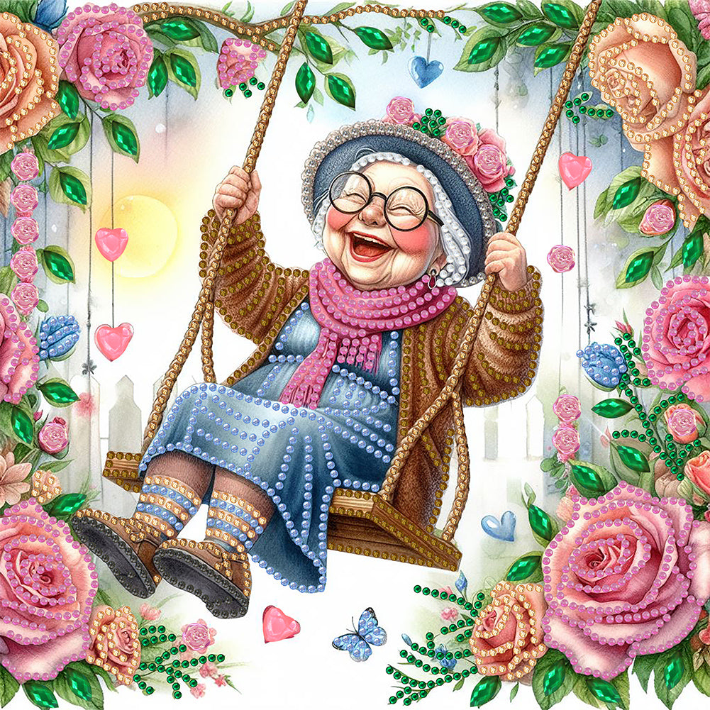Diamond Painting - Partial Special Shaped - Optimistic old lady on swing (30*30CM)