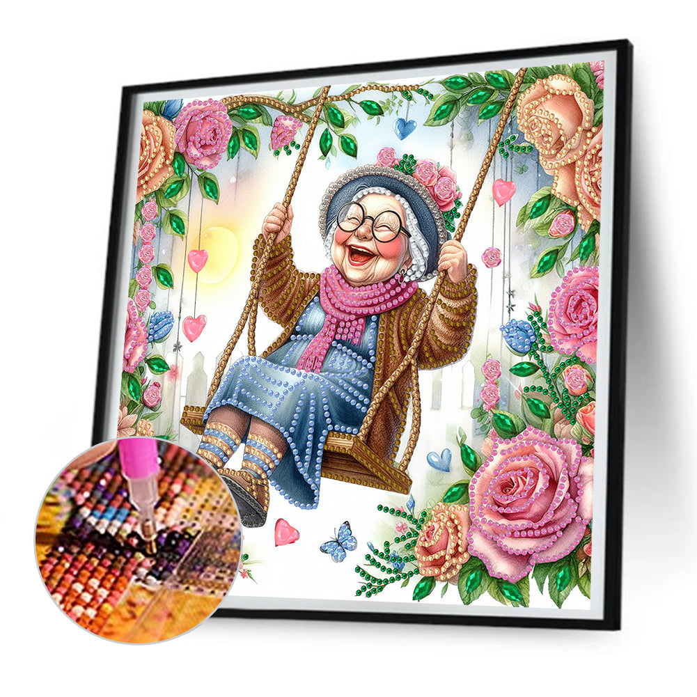 Diamond Painting - Partial Special Shaped - Optimistic old lady on swing (30*30CM)