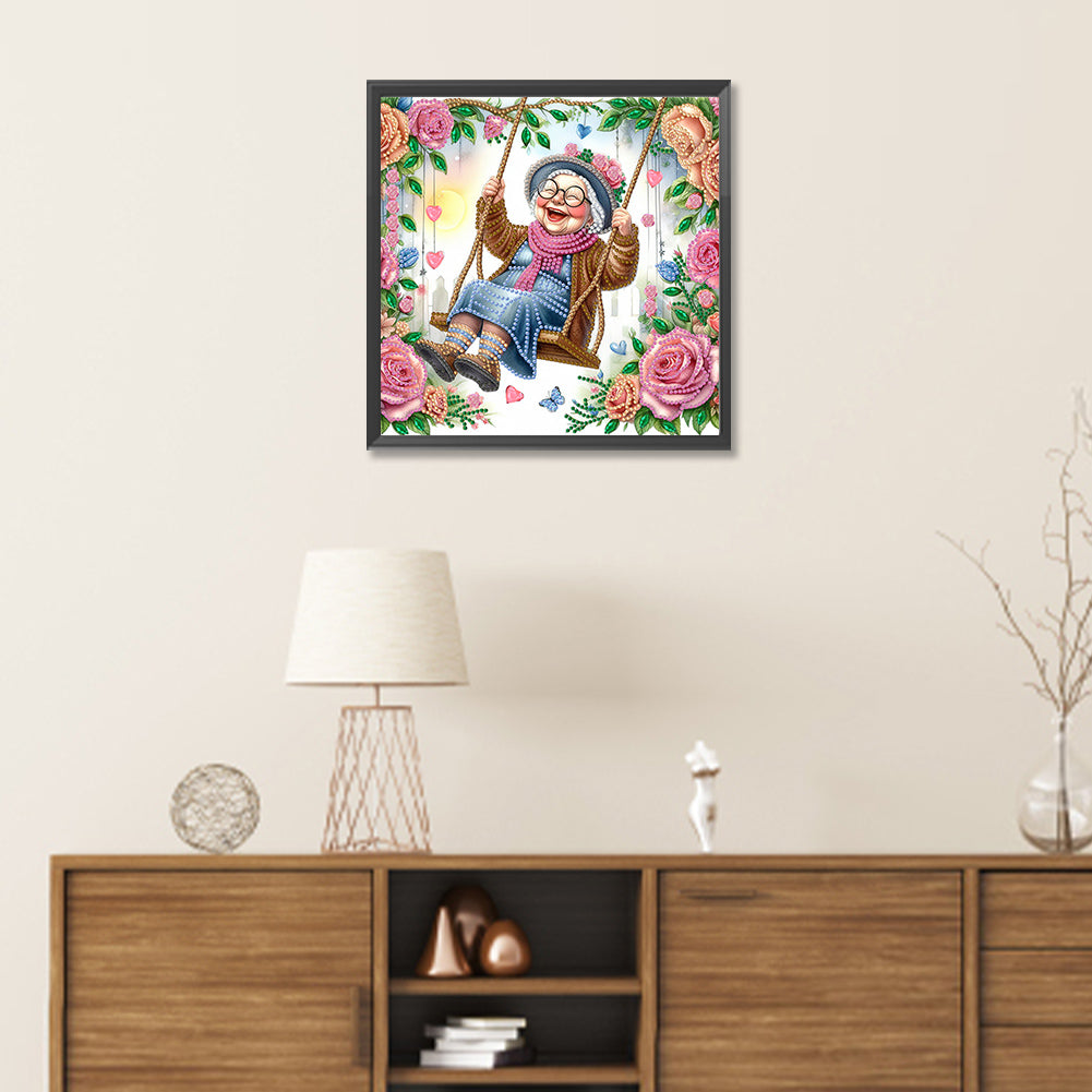 Diamond Painting - Partial Special Shaped - Optimistic old lady on swing (30*30CM)