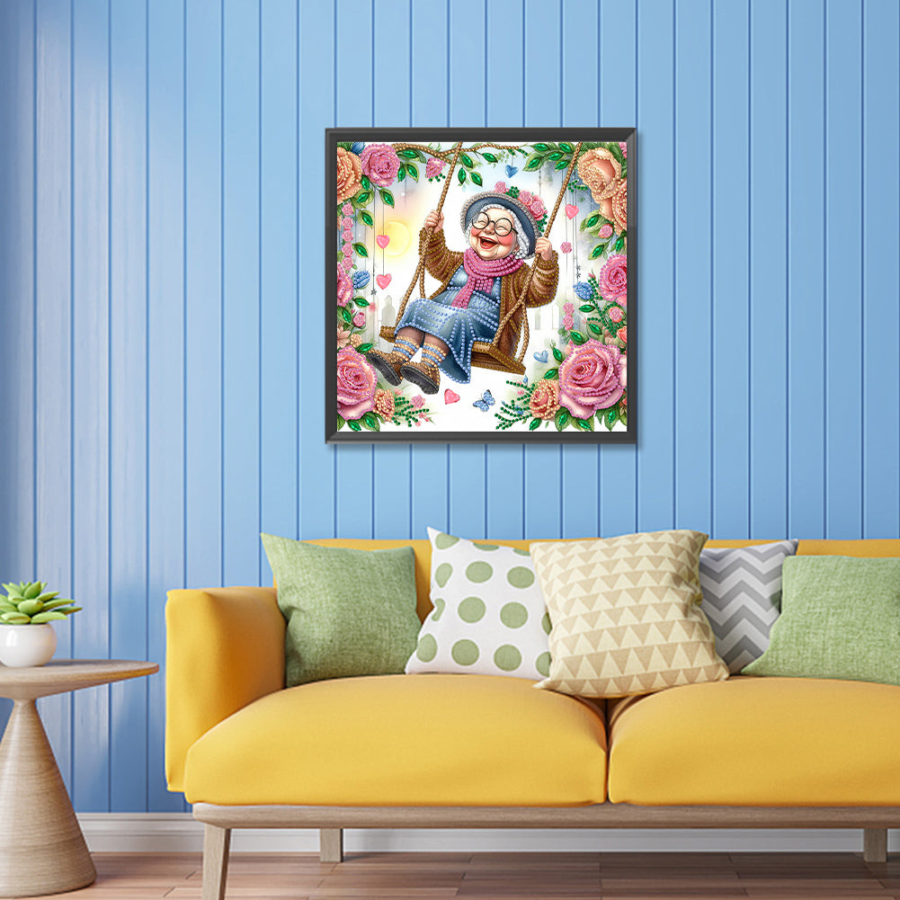 Diamond Painting - Partial Special Shaped - Optimistic old lady on swing (30*30CM)