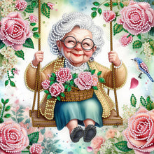 Load image into Gallery viewer, Diamond Painting - Partial Special Shaped - Optimistic old lady on swing (30*30CM)