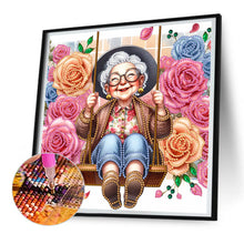 Load image into Gallery viewer, Diamond Painting - Partial Special Shaped - Optimistic old lady on swing (30*30CM)