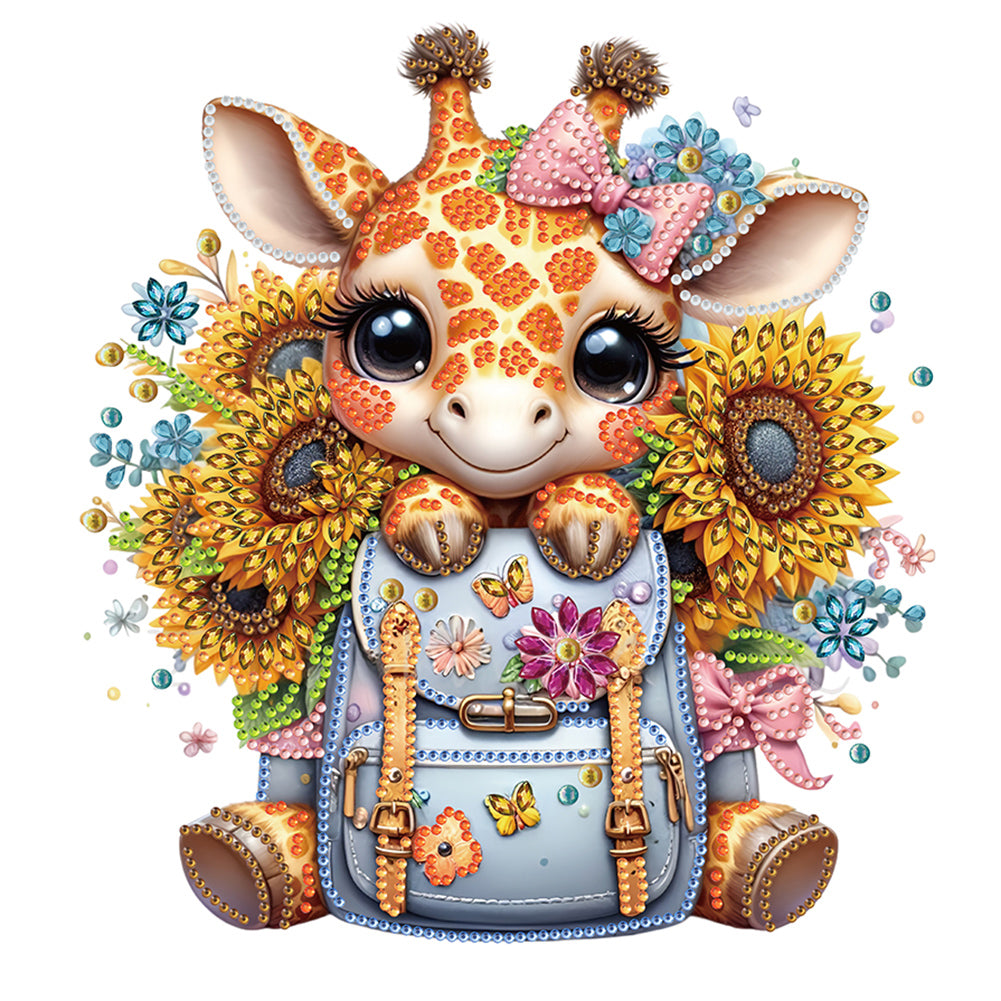 Diamond Painting - Partial Special Shaped - Little giraffe with sunflowers in school season (30*30CM)