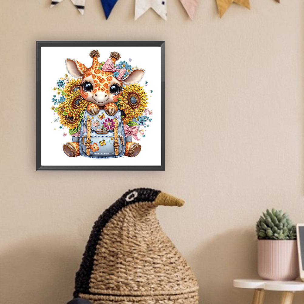 Diamond Painting - Partial Special Shaped - Little giraffe with sunflowers in school season (30*30CM)