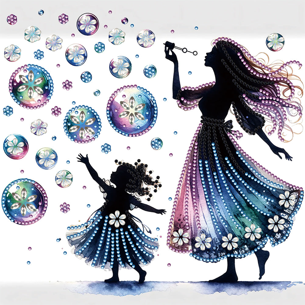 Diamond Painting - Partial Special Shaped - Mother and daughter with colorful bubbles (30*30CM)