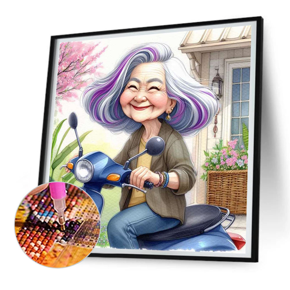 Diamond Painting - Full Round - Happy old lady riding a bicycle (30*30CM)