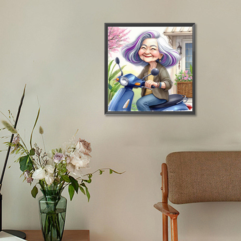 Diamond Painting - Full Round - Happy old lady riding a bicycle (30*30CM)