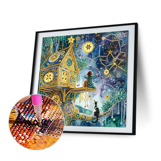 Diamond Painting - Partial Special Shaped - Fantasy Starry Sky Constellation Treehouse (40*40CM)