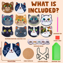 Load image into Gallery viewer, 10Pcs Cat Diamond Painting Coasters with Holder Diamond Dot Kit for Party Decor
