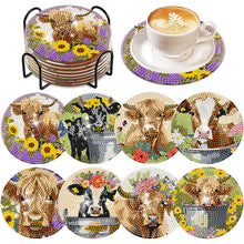 Load image into Gallery viewer, 8Pcs Pastoral Cow Diamond Painting Coasters with Holder Animal for Party Decor