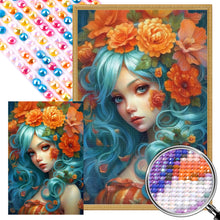 Load image into Gallery viewer, AB Diamond Painting - Full Round - blue-haired girl among flowers (40*60CM)
