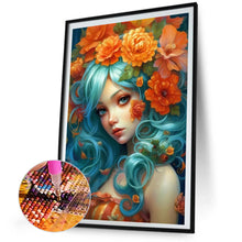 Load image into Gallery viewer, AB Diamond Painting - Full Round - blue-haired girl among flowers (40*60CM)