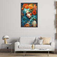 Load image into Gallery viewer, AB Diamond Painting - Full Round - blue-haired girl among flowers (40*60CM)