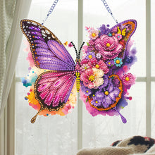 Load image into Gallery viewer, Acrylic Butterfly and Flowers Diamond Painting Hanging Pendant Decor (Purple)