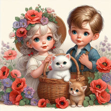 Load image into Gallery viewer, Diamond Painting - Full Square - Girl boy with cat and poppy flower (35*35CM)