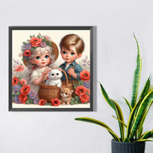 Load image into Gallery viewer, Diamond Painting - Full Square - Girl boy with cat and poppy flower (35*35CM)