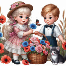 Load image into Gallery viewer, Diamond Painting - Full Square - Girl boy with cat and poppy flower (35*35CM)