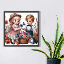 Load image into Gallery viewer, Diamond Painting - Full Square - Girl boy with cat and poppy flower (35*35CM)