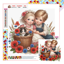 Load image into Gallery viewer, Diamond Painting - Full Square - Girl boy with cat and poppy flower (35*35CM)