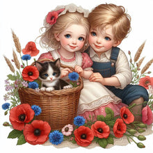 Load image into Gallery viewer, Diamond Painting - Full Square - Girl boy with cat and poppy flower (35*35CM)
