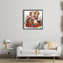 Load image into Gallery viewer, Diamond Painting - Full Square - Girl boy with cat and poppy flower (35*35CM)
