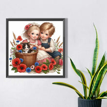 Load image into Gallery viewer, Diamond Painting - Full Square - Girl boy with cat and poppy flower (35*35CM)