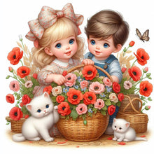Load image into Gallery viewer, Diamond Painting - Full Square - Girl boy with cat and poppy flower (35*35CM)
