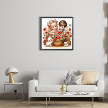 Load image into Gallery viewer, Diamond Painting - Full Square - Girl boy with cat and poppy flower (35*35CM)