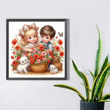 Load image into Gallery viewer, Diamond Painting - Full Square - Girl boy with cat and poppy flower (35*35CM)
