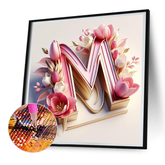 Diamond Painting - Full Round - Pink flower letter M (30*30CM)