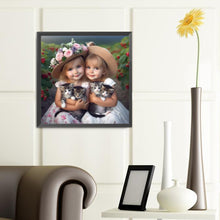 Load image into Gallery viewer, Diamond Painting - Full Round - Garden girl holding a kitten (40*40CM)