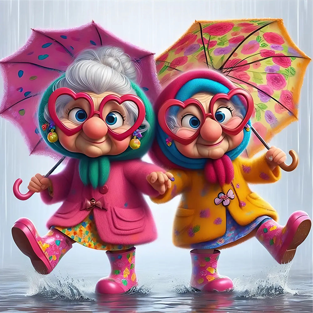 4pcs Round Diamond Painting Set - Funny old lady (30*30CM)