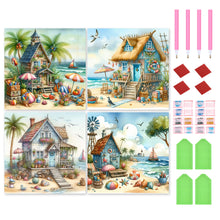 Load image into Gallery viewer, 4pcs Round Diamond Painting Set - Seaside hut (30*30CM)
