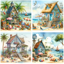 Load image into Gallery viewer, 4pcs Round Diamond Painting Set - Seaside hut (30*30CM)