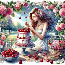 Load image into Gallery viewer, AB Diamond Painting - Full Round - Casual Exquisite Girl and Cherry Cake (40*40CM)