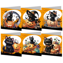 Load image into Gallery viewer, 6Pcs Special Shape Halloween Pumpkin Cat Diamond Painting Greeting Card Kit