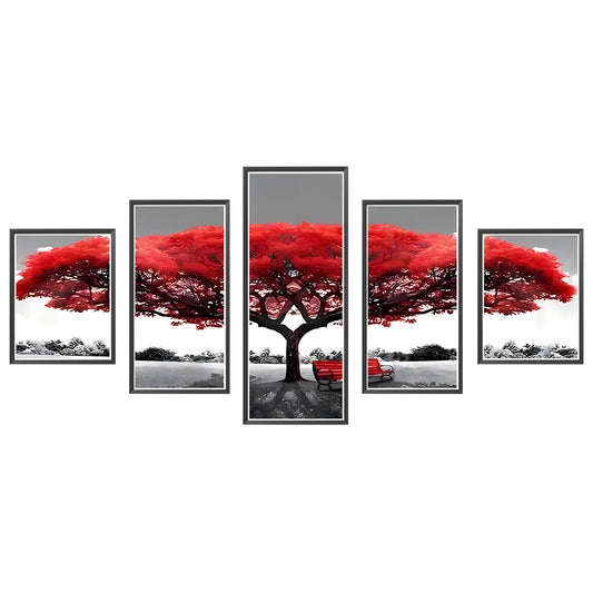 Diamond Painting - Full Round - Five-panel painting of red tree of life (100*50CM)
