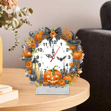 Load image into Gallery viewer, Acrylic Special Shaped Halloween Pumpkin Diamond Painting Clock Desktop Decor